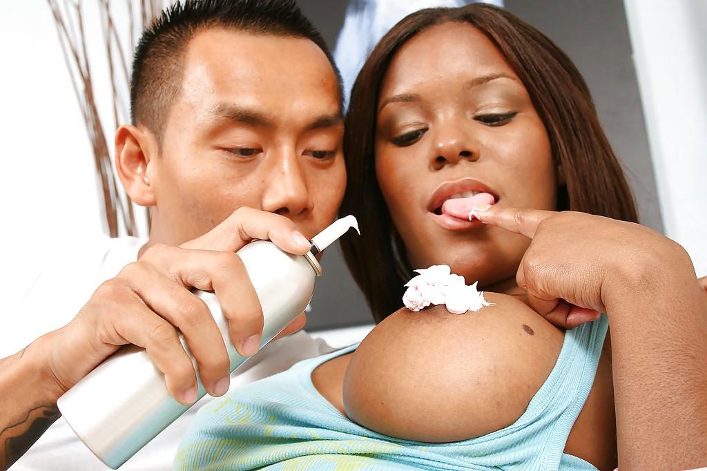 16P Ebony chick Candice Nicole gets shagged and jizzed over her big round tits