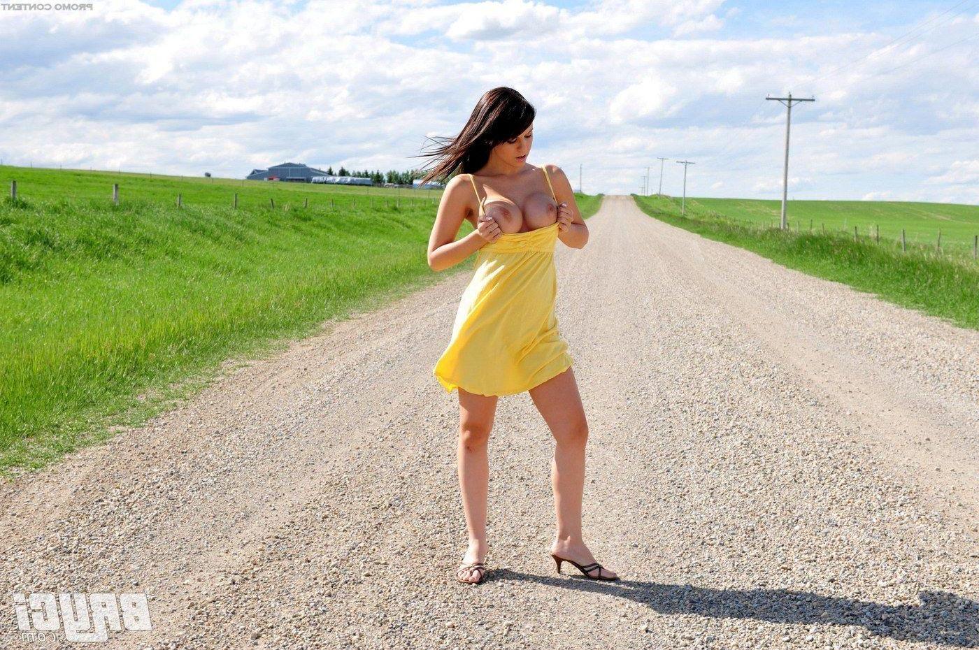 15P Pictures of Bryci exposing her tits on the country road