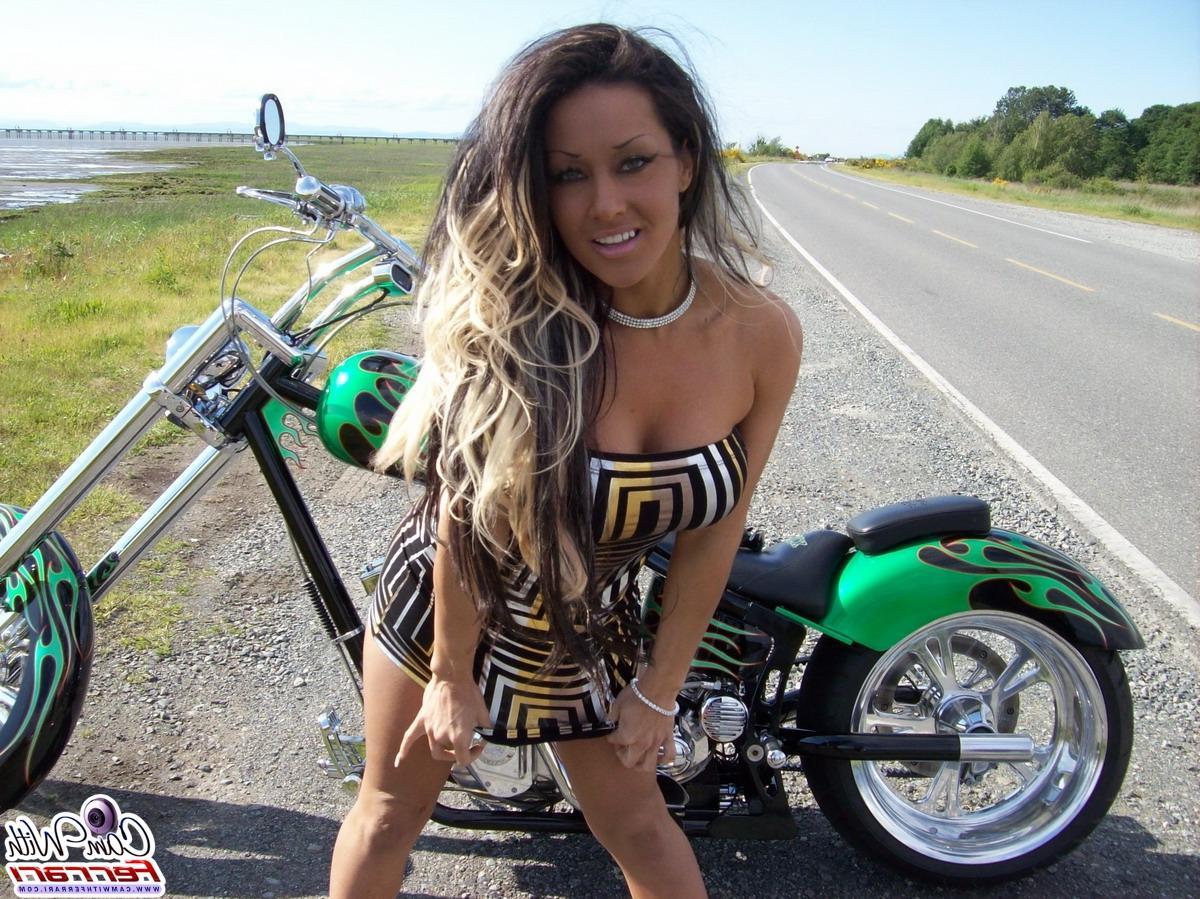 14P Pictures of teen babe Cam With Ferrari teasing on a motorcycle