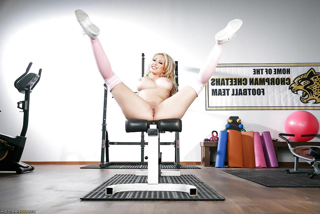 16P Blonde babe Kagney Linn Karter modeling in over the knee socks in gym