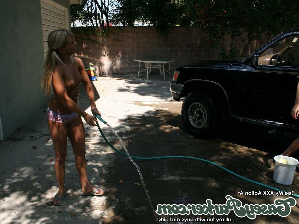 16P Pictures of two hot coeds washing a car