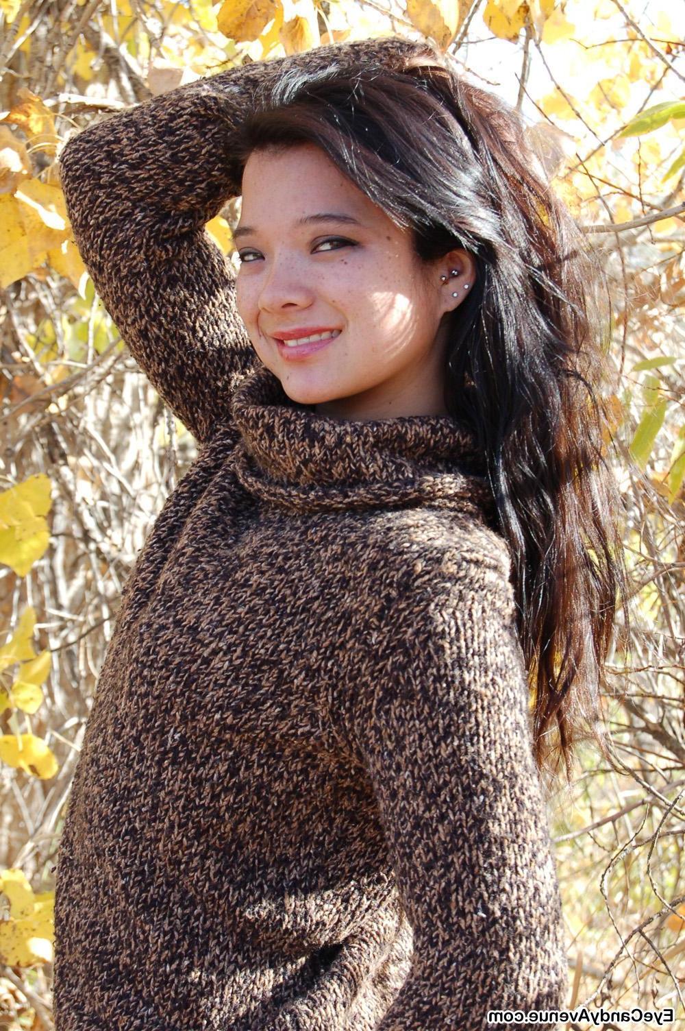 16P Charli takes off her fall sweater and reveals her tiny titties and hot pussy.