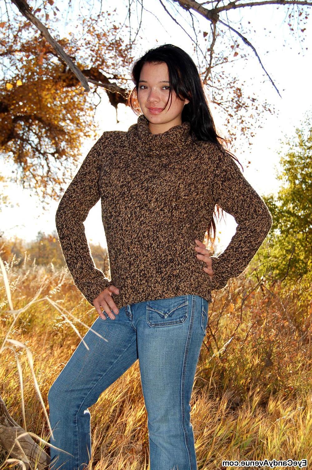 16P Charli takes off her fall sweater and reveals her tiny titties and hot pussy.