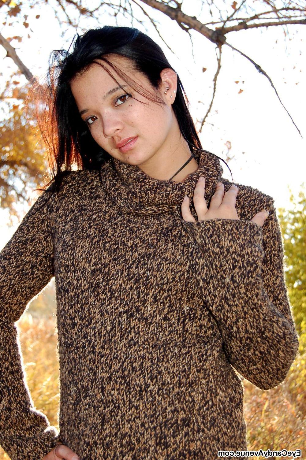 16P Charli takes off her fall sweater and reveals her tiny titties and hot pussy.