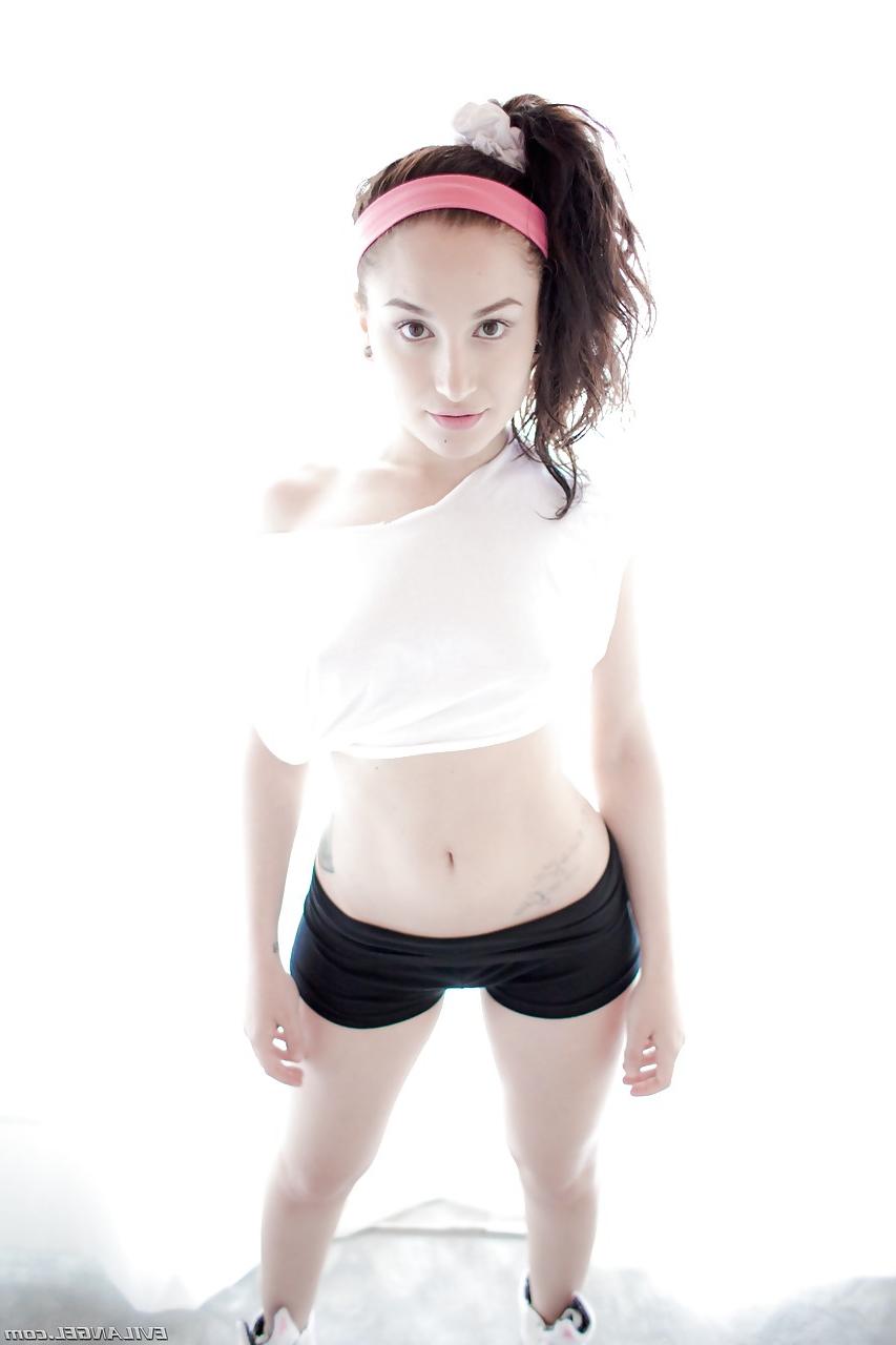 15P Cute girl Gabriella Paltrova in shorts flashes her young tits & round ass