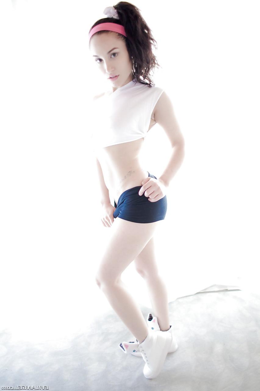 15P Cute girl Gabriella Paltrova in shorts flashes her young tits & round ass