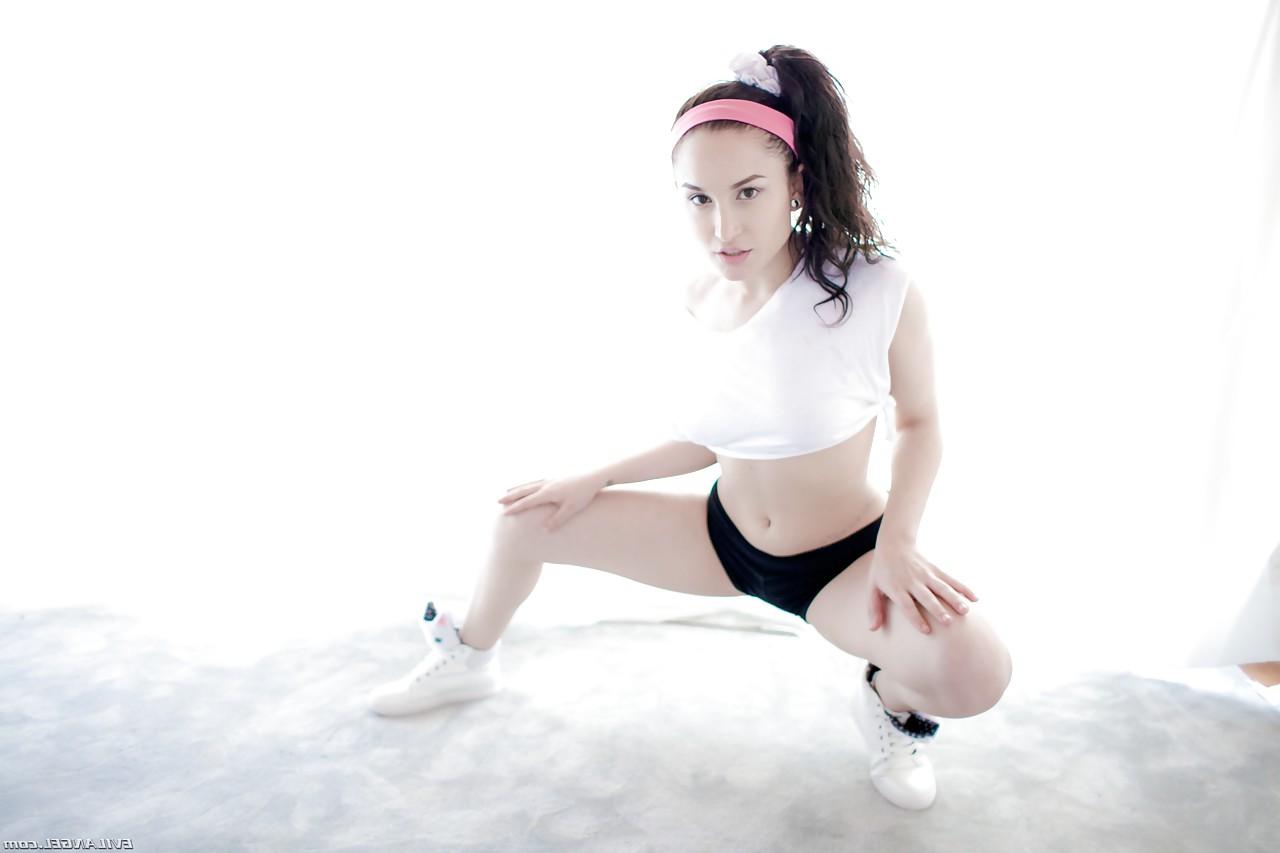 15P Cute girl Gabriella Paltrova in shorts flashes her young tits & round ass