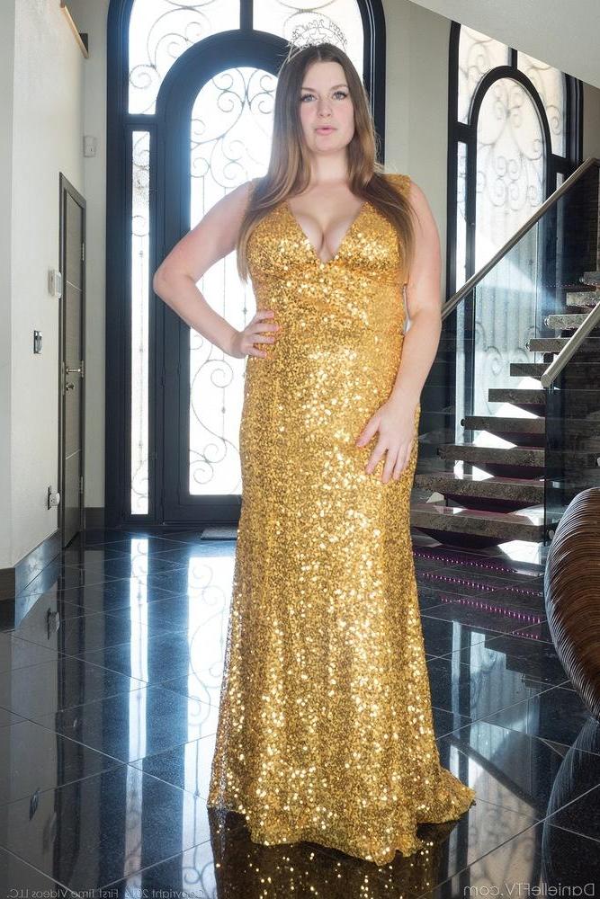 15P Busty hottie Danielle FTV shows you what's under her gold and shiny dress