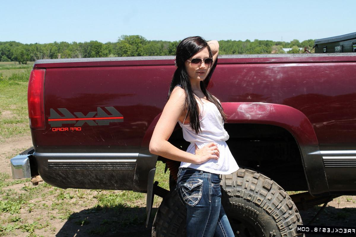 12P Hot country girl Freckles 18 teases with her red pickup truck