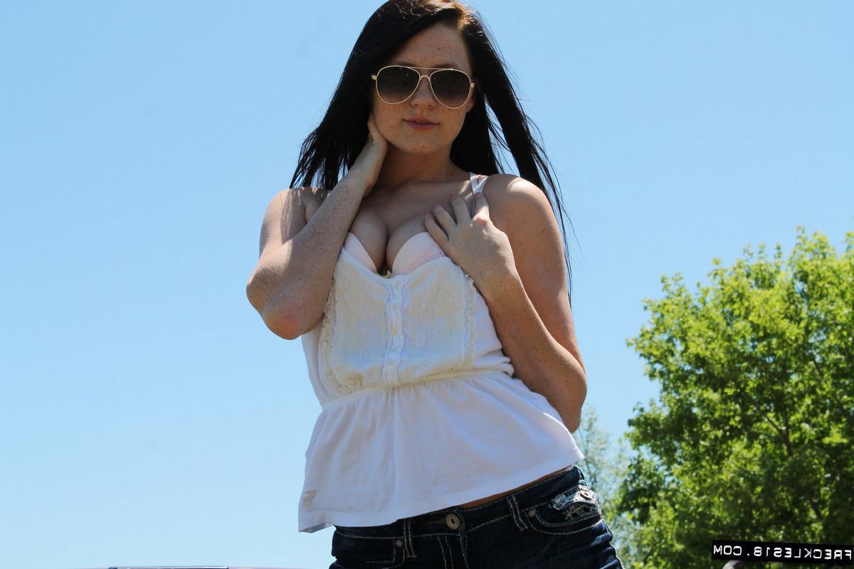 12P Hot country girl Freckles 18 teases with her red pickup truck