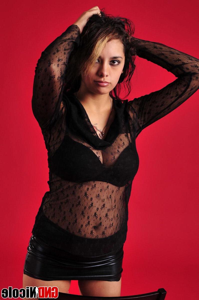 12P Nicole teases with her big tits in a sexy black bra with a sheer top over them