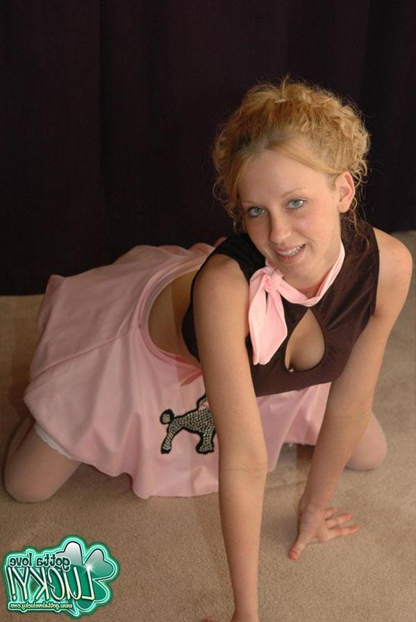 12P Blonde coed Lucky teases in a sexy poodle skirt