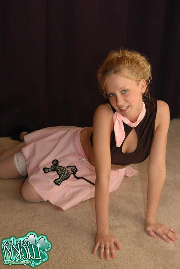 12P Blonde coed Lucky teases in a sexy poodle skirt