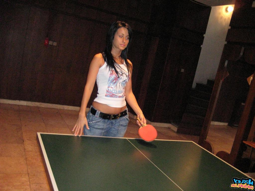 15P Pictures of Hailey Hardcore playing a game of strip ping pong