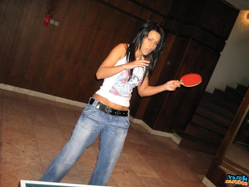 15P Pictures of Hailey Hardcore playing a game of strip ping pong