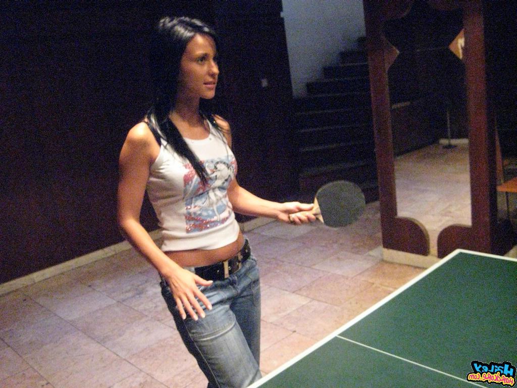 15P Pictures of Hailey Hardcore playing a game of strip ping pong