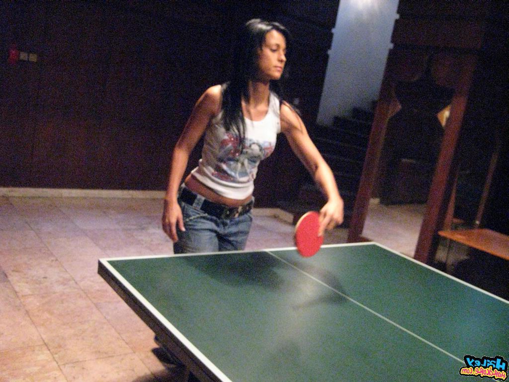 15P Pictures of Hailey Hardcore playing a game of strip ping pong