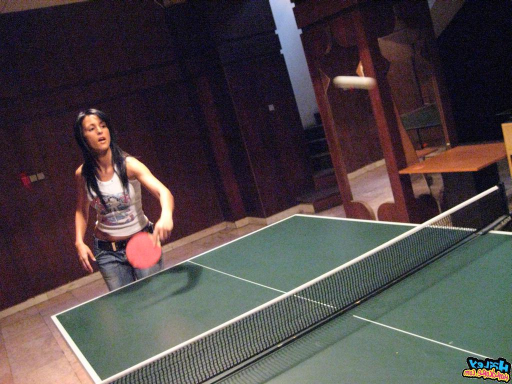 15P Pictures of Hailey Hardcore playing a game of strip ping pong