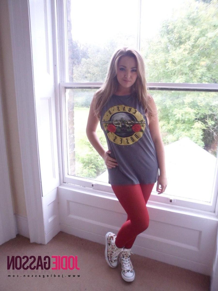 12P Jodie Gasson strips from her rock and roll shirt and tight red pants