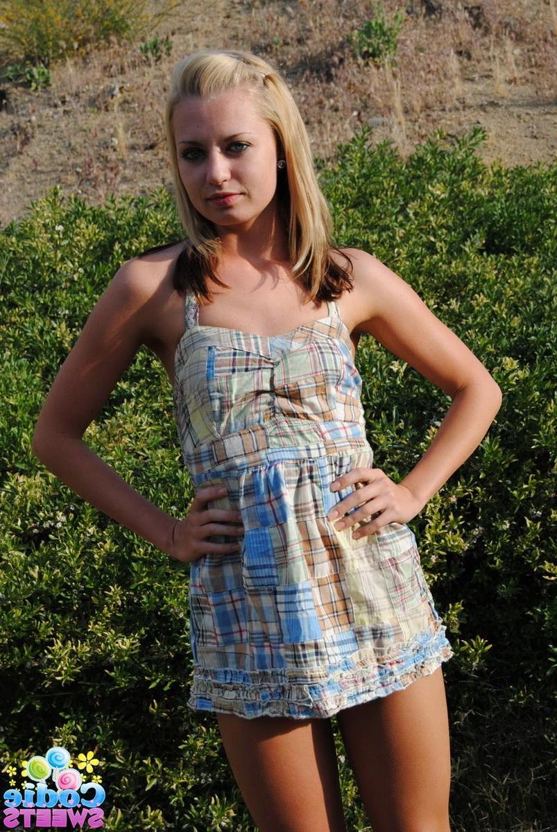 12P Little blonde Codie Sweets lifts her cute short summer dress up exposing her perfect tight teen ass