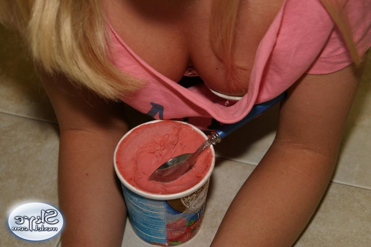 12P Skye loves to tease as she lets her friend look down her shirt while she eats ice cream
