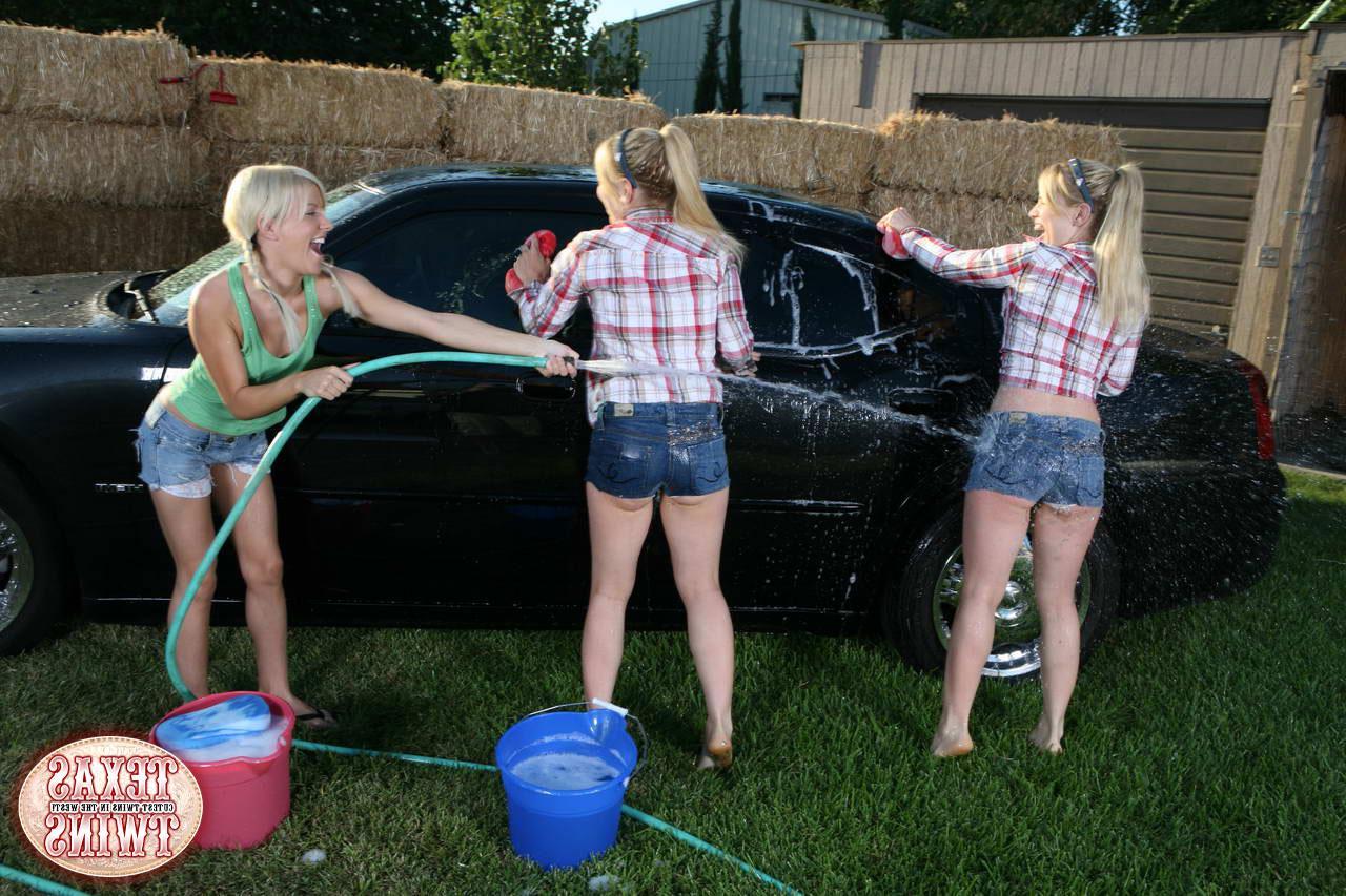 15P Three hot teens washing a car outside