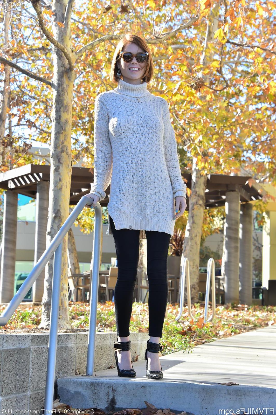 15P Redhead teen Pepper flashes her fun parts outside in "Sweater Weather"
