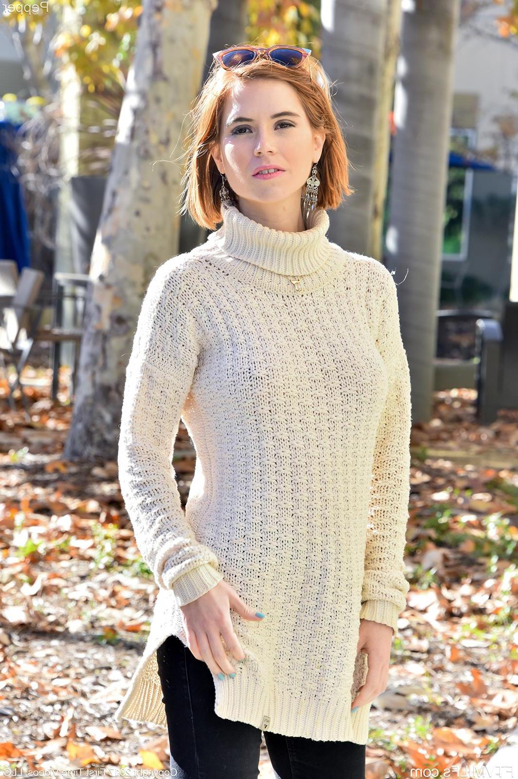 15P Redhead teen Pepper flashes her fun parts outside in "Sweater Weather"