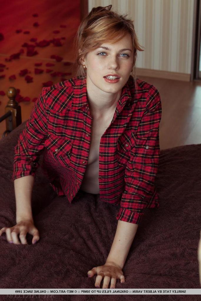 18P Redhead cutie Shirley Tale strips out of her flannel shirt and black panties