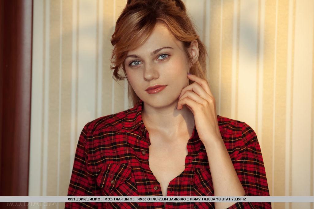 18P Redhead cutie Shirley Tale strips out of her flannel shirt and black panties