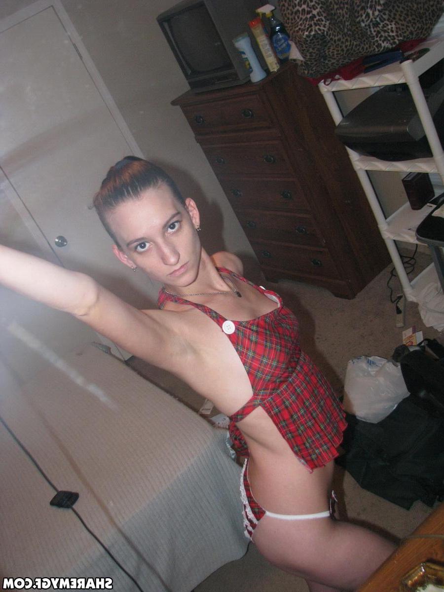 12P Skinny girlfriend dresses up as a slutty schoolgirl while taking selfies