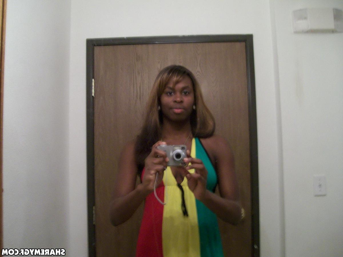 12P Black busty girlfriend shows off her real tits as she strips naked while taking selfies