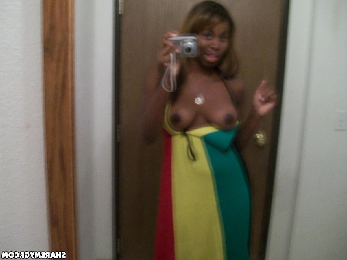 12P Black busty girlfriend shows off her real tits as she strips naked while taking selfies