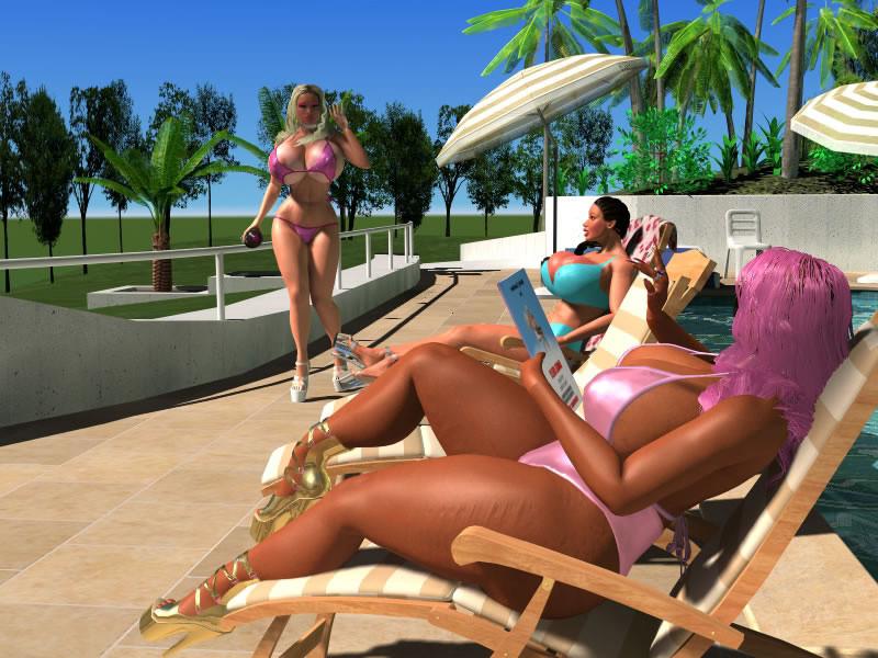 12P Pornstar sexy 3D bigtitted bikini babes sunbathing outdoors