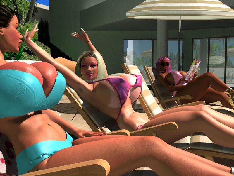 12P Pornstar sexy 3D bigtitted bikini babes sunbathing outdoors