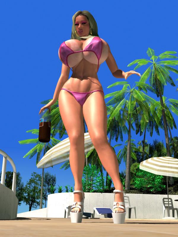 12P Pornstar 3D sexy busty blonde in bikini sunbathing outdoors
