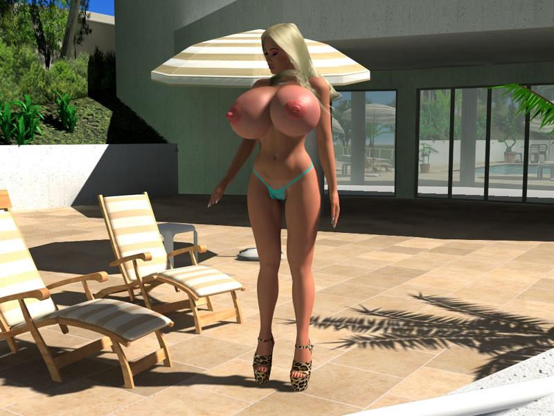 12P Pornstar 3D sexy busty blonde in bikini sunbathing outdoors
