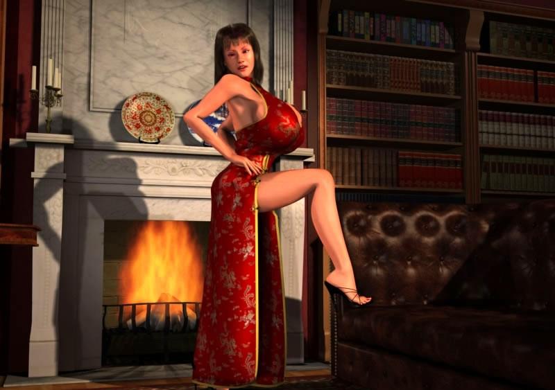 12P Huge meloned 3D hottie posing nude on sofa
