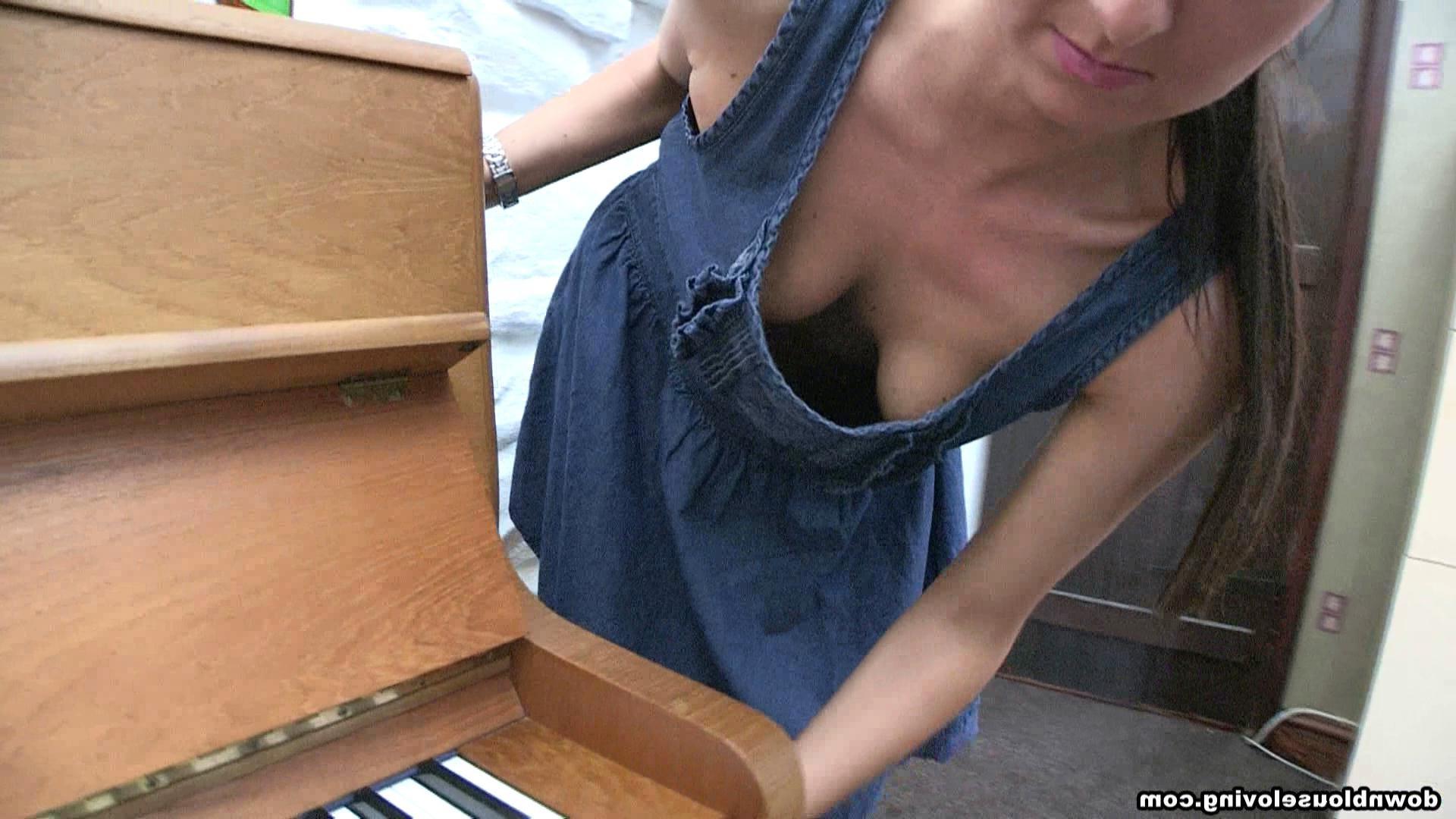 16P Voyeur shots of cutie in dress bending over to show cleavage