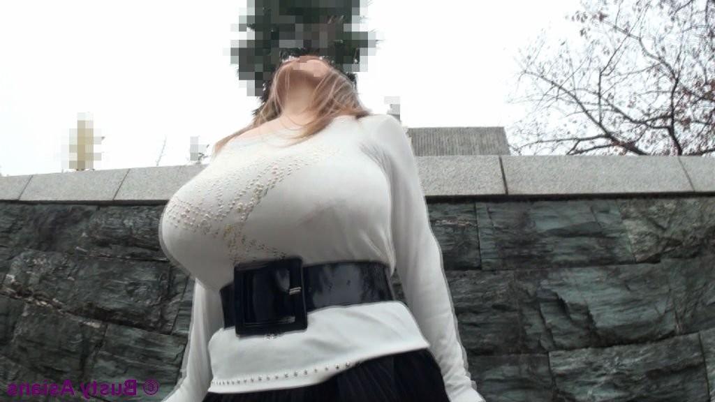 16P Amateur busty asian with monster big tits posing in public