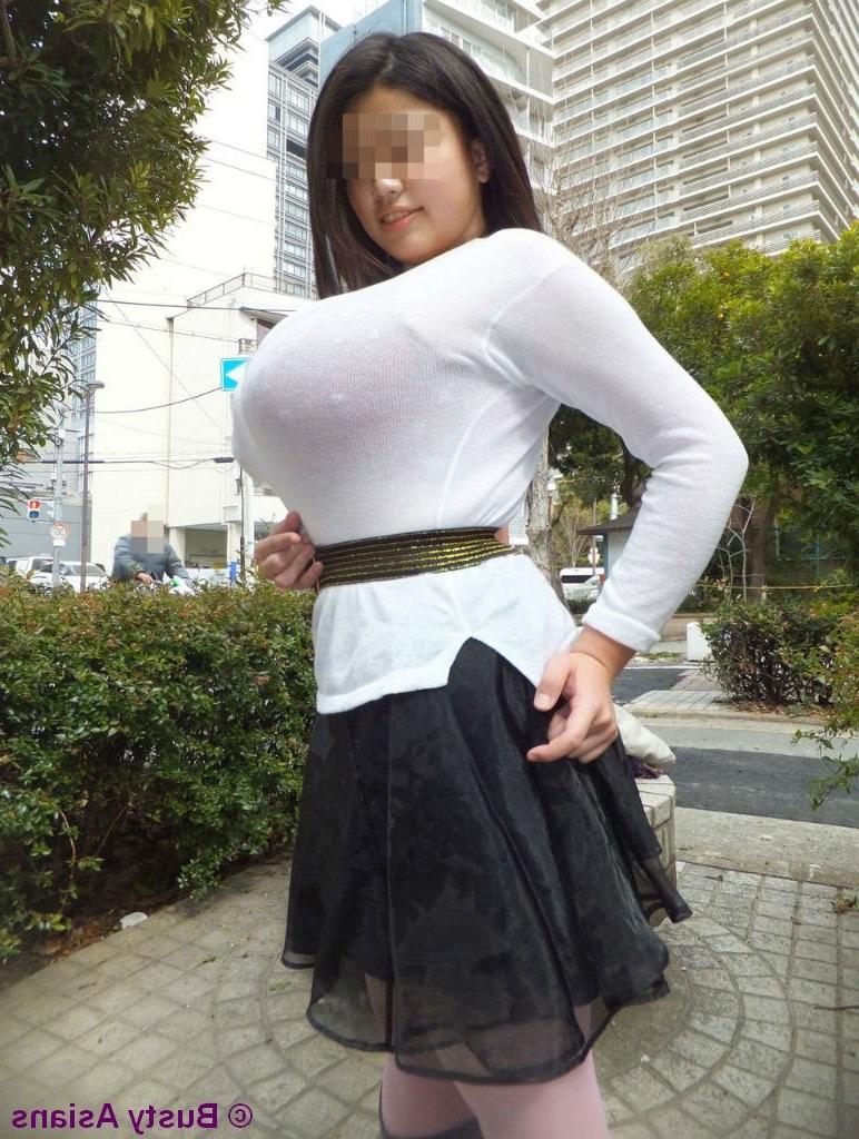 16P Amateur busty asian with monster big tits posing in public