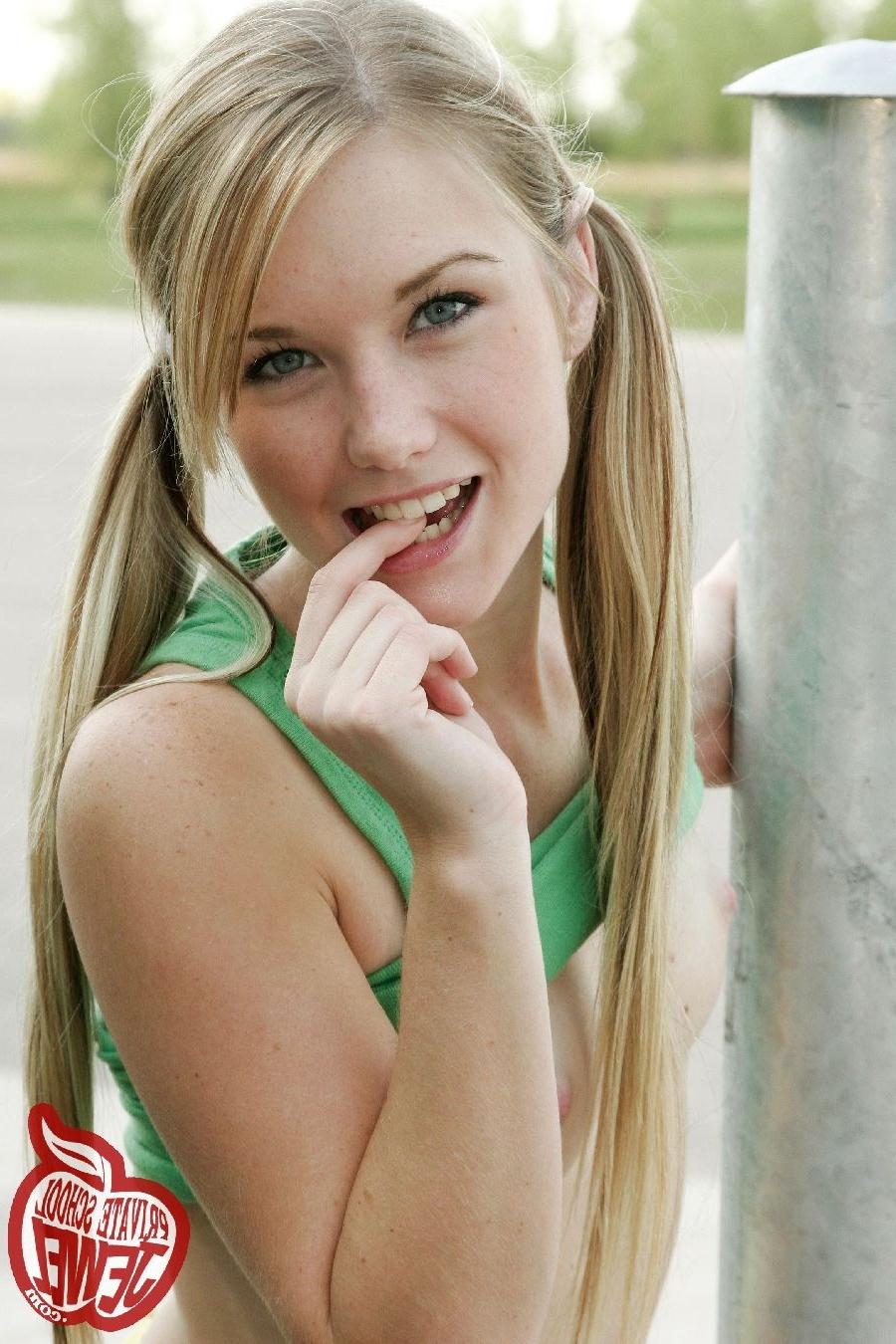 16P Canadian babe Jewel with pigtails takes off her panties showing us her pussy