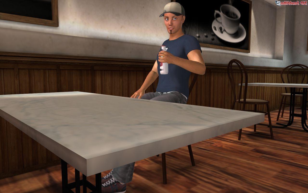 16P 3d animated student double teamed in a coffee shop