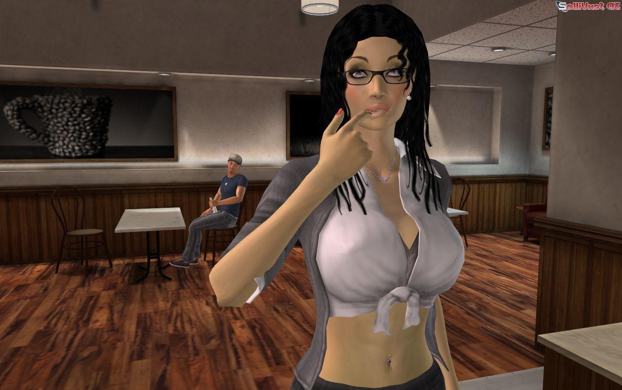 16P 3d animated student double teamed in a coffee shop