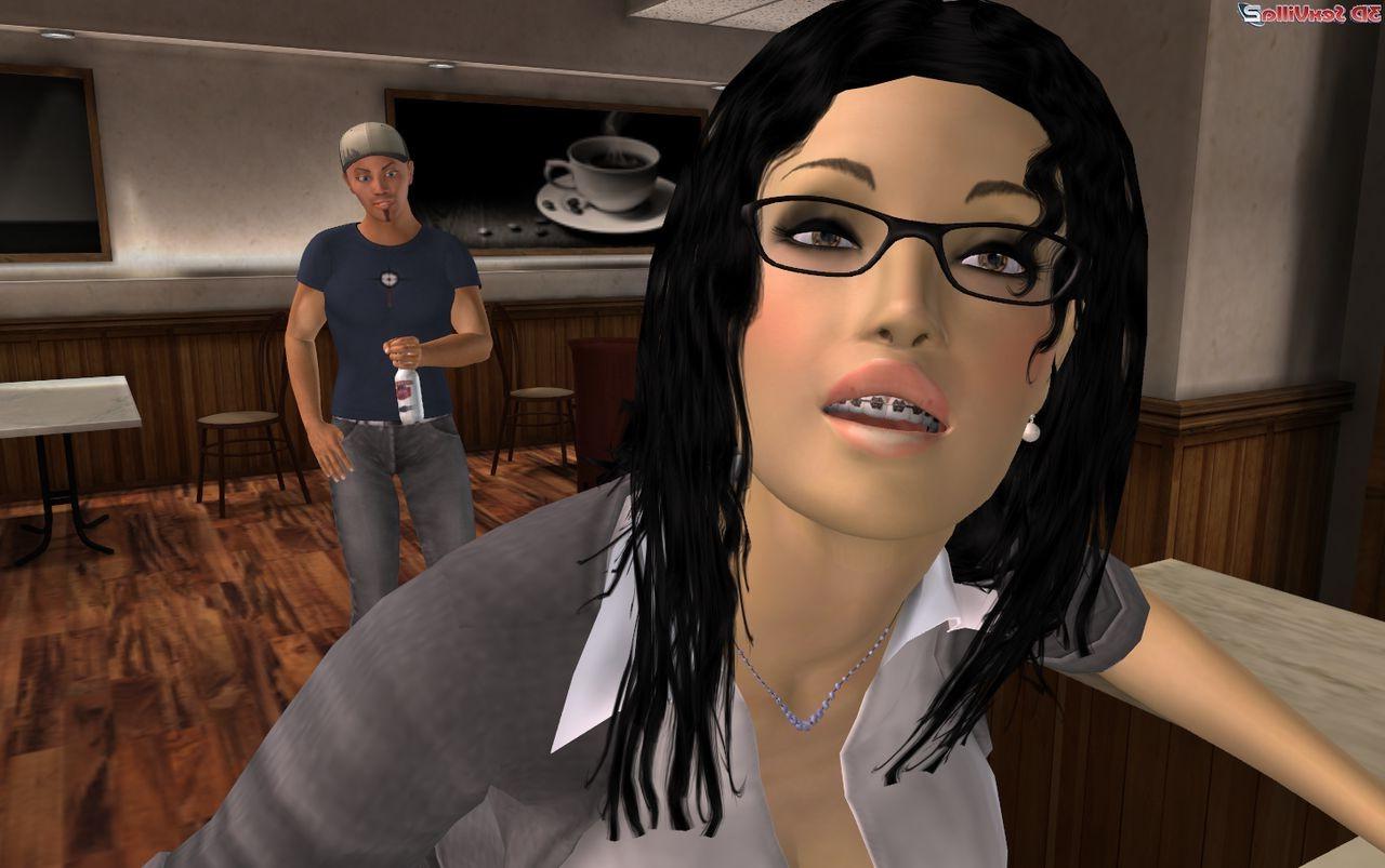 16P 3d animated student double teamed in a coffee shop