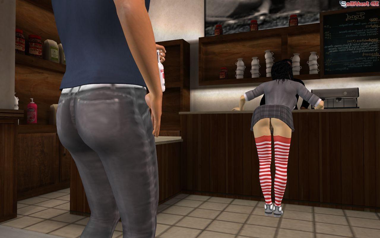 16P 3d animated student double teamed in a coffee shop