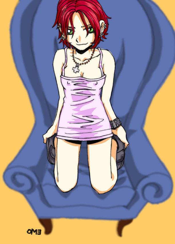 12P A hot babe with short red hair sits on a chair and teases you with a peek undern