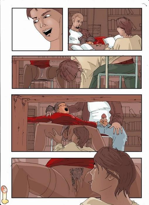 10P Nerdy chick gets shagged in library  - Wild group fucking 