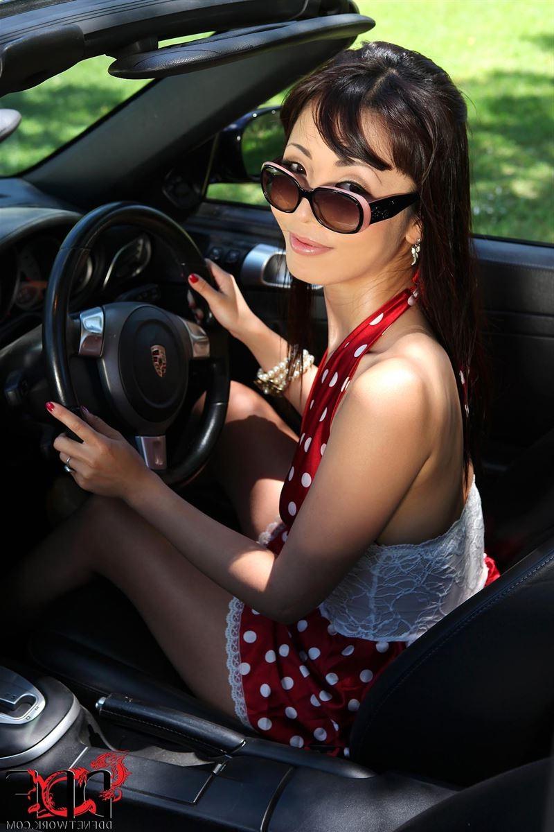 16P Marica Hase strips off a red polka dot dress on a nice car