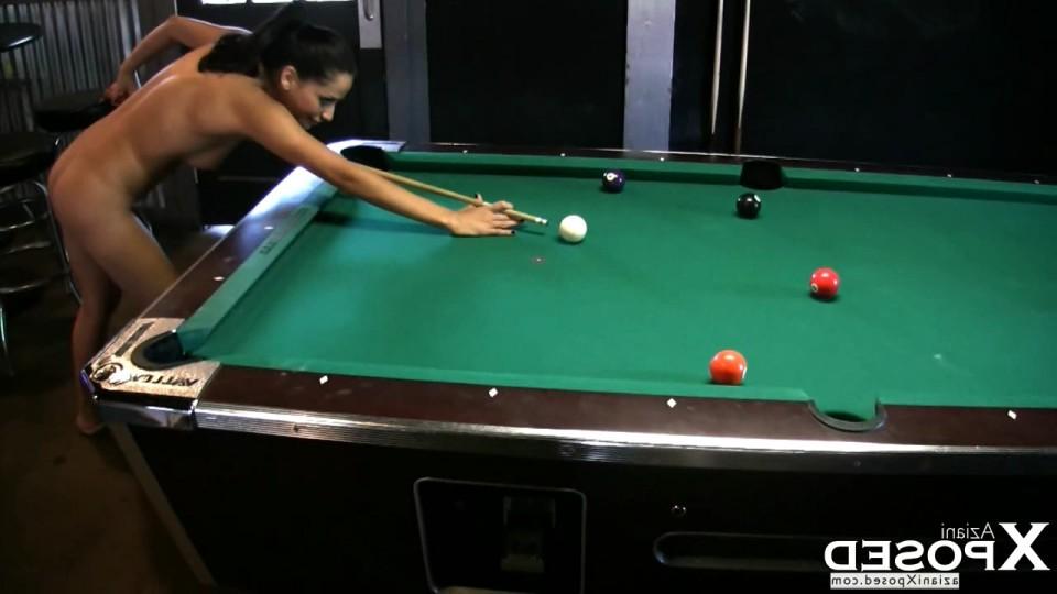 15P Brunette babe, Cassidey, has fun playing a naked game of pool!